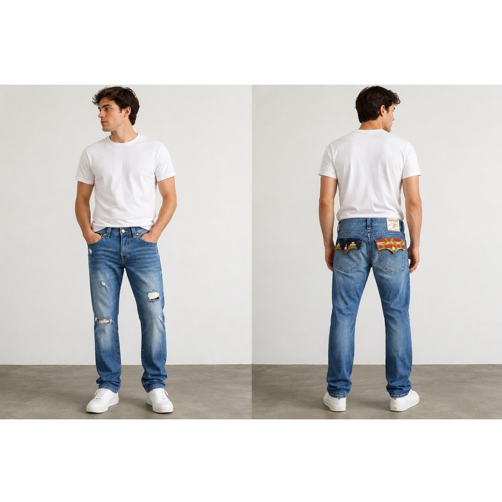True Religion Mens Size 32 Ricky Relaxed Straight Jeans Distressed Flap Pockets